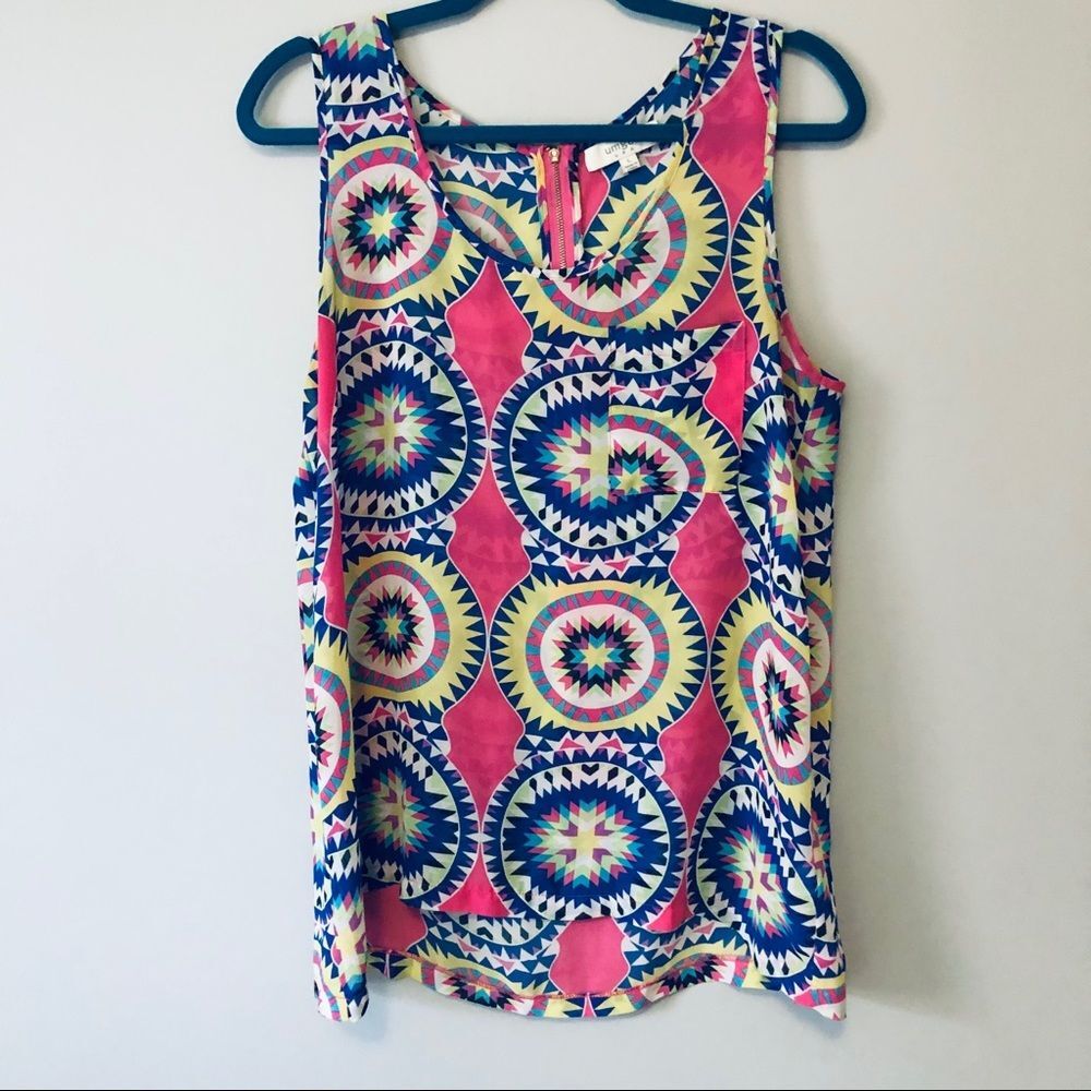 Umgee pink colorful art geometric music festival artsy printed tank - Large